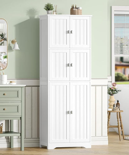 63" H Tall Bathroom Storage Cabinet, Linen Floor Cabinet with 6 Doors and Adjustable Shelves, Pantry Storage Cabinet for Bathroom, Living Room, Laundry Room, Kitchen, White