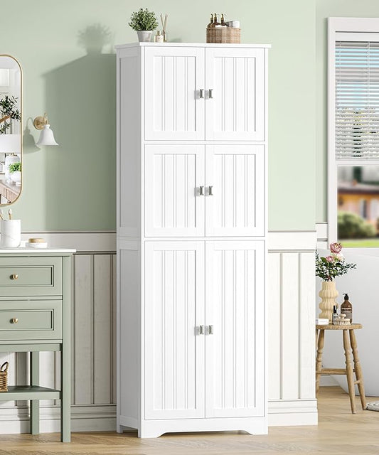 63" H Tall Bathroom Storage Cabinet, Linen Floor Cabinet with 6 Doors and Adjustable Shelves, Pantry Storage Cabinet for Bathroom, Living Room, Laundry Room, Kitchen, White
