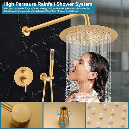 Brushed Gold Shower Faucet Set, Bathroom Rainfall Shower System Fixture 10 Inch High Pressure Round Rain Shower Head with Handheld Sprayer Combo Wall Mount with cUPC Certified Rough-in Valve