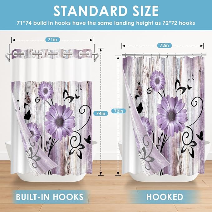 No Hook Shower Curtain with Snap in Liner 71x74 Inch Purple Daisy | Farmhouse Flower Rustic Modern Double Layers Waterproof Fabric with See Through Top Window Open Grommet Bath Curtain