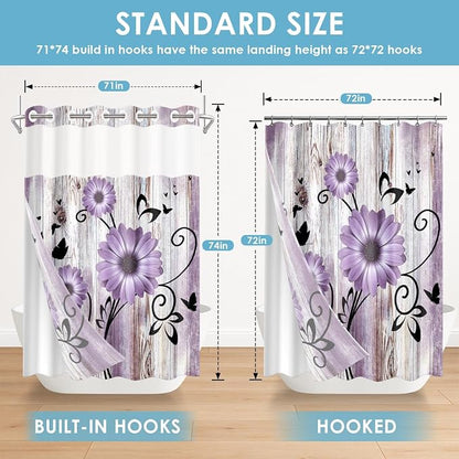 No Hook Shower Curtain with Snap in Liner 71x74 Inch Purple Daisy | Farmhouse Flower Rustic Modern Double Layers Waterproof Fabric with See Through Top Window Open Grommet Bath Curtain