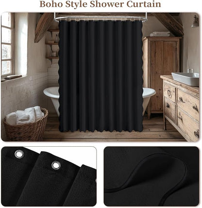 BTTN 108x72 Boho Scalloped Linen Textured Cloth Shower Curtain Set, Black | Extra Wide Size, 230GSM Waterproof Polyester, Heavy Duty Fabric, 18 Plastic Hooks, Modern Farmhouse Style, Machine Washable