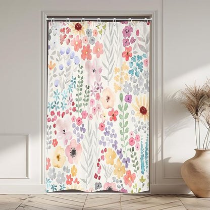 Small Stall Narrow Floral Watercolor Cute Girly Bathroom Shower Curtain Set | 48"W x 72"H Plants Boho; waterproof HD print, quick-dry fabric with 12 hooks for easy hanging.