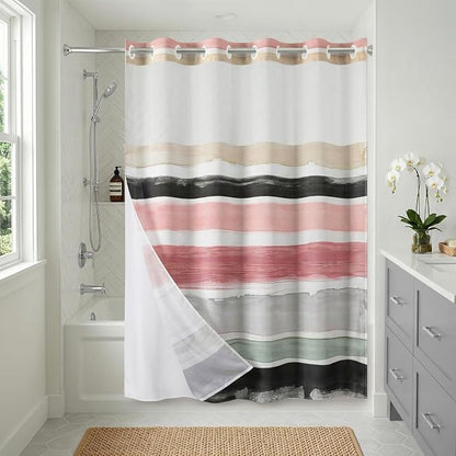 Americanflat 72x75 Hookless Shower Curtain - Water-Resistant Stripe Shower Curtain with Sheer Panel, Snap-In Liner, and Grommets - 100% Polyester - Blush Pink, Black, Sage Green, White, Grey and Cream