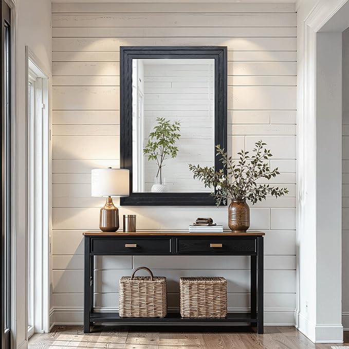 Farmhouse Rustic Wood Framed Bathroom Vanity Mirror for Wall, 24x36, Black | Recessed Stepped Solid Wood Frame, HD Shatterproof Glass, Vertical/Horizontal Mount, for Bathroom Sink, Living Room, Entryway