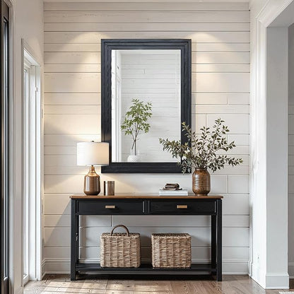 Farmhouse Rustic Wood Framed Bathroom Vanity Mirror for Wall, 24x36, Black | Recessed Stepped Solid Wood Frame, HD Shatterproof Glass, Vertical/Horizontal Mount, for Bathroom Sink, Living Room, Entryway