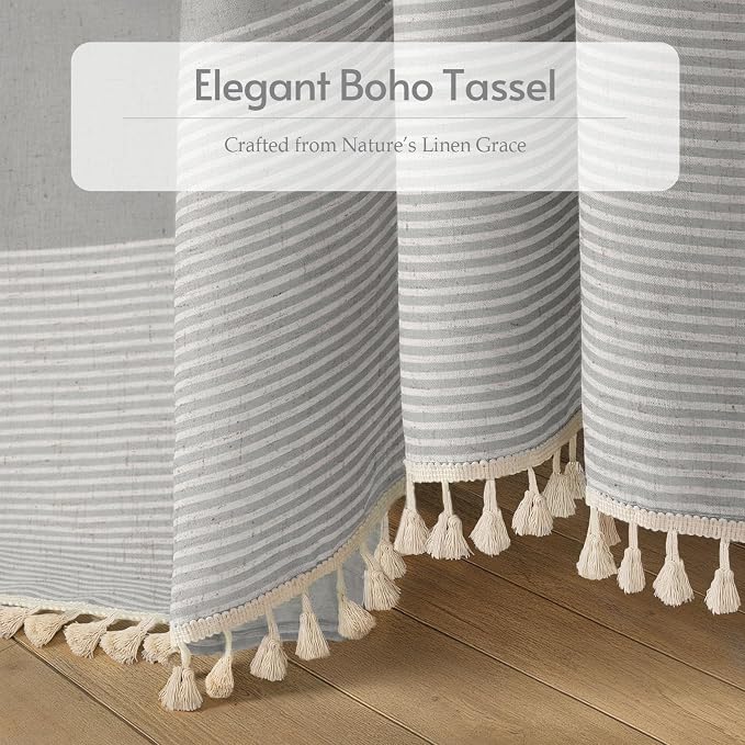 Grey Farmhouse Linen Striped Shower Curtain with Tassel 48"W X 72"L | Boho Farmhouse Shower Curtains with Linen Texture for Bathroom Decor