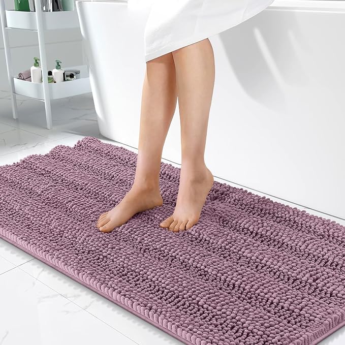 OLANLY Thick Bathroom Runner Rugs 47x24, Soft Chenille Bath Rugs, Deep Plum | Absorbent Striped, Rubber Backing, Machine Wash, Long Bath Mats for Bathroom Floor, Tub and Shower, Home Decor Accessories