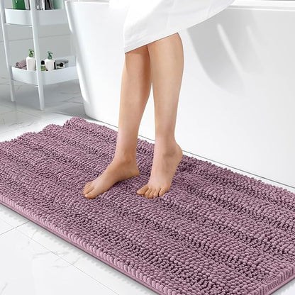 OLANLY Thick Bathroom Runner Rugs 47x24, Soft Chenille Bath Rugs, Deep Plum | Absorbent Striped, Rubber Backing, Machine Wash, Long Bath Mats for Bathroom Floor, Tub and Shower, Home Decor Accessories