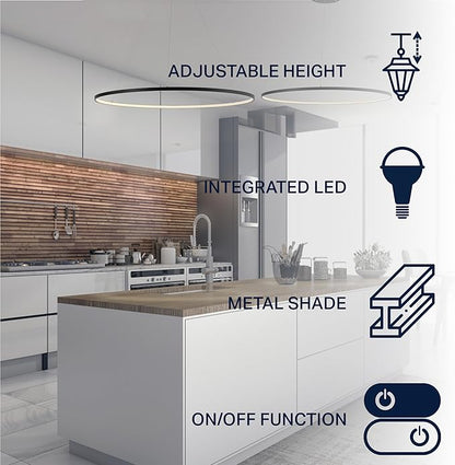JONATHAN Y 35" Matte Black Modern Integrated LED Pendant Light, Dimmable Round Hoop Chandelier for Kitchen Island, Dining Room, Adjustable Height Metal Hanging Light (JYL7220A)