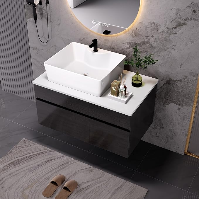 31.5" Floating Bathroom Vanity with Sink, Soft Closing Drawers, Solid Wood Modern Single White Bathroom Vanity Cabinet with Drawers and Shelves, Wall Mounted