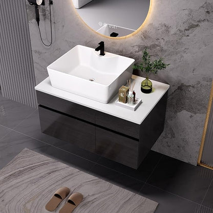 32" Modern Black Bathroom Vanity Sink Set Wall-Mounted Bathroom Vanities with Above Ceramic Sink 32 inch Floating Wood Bathroom Sink Cabinet with 1 Drawers and 2 Storage Cabinets
