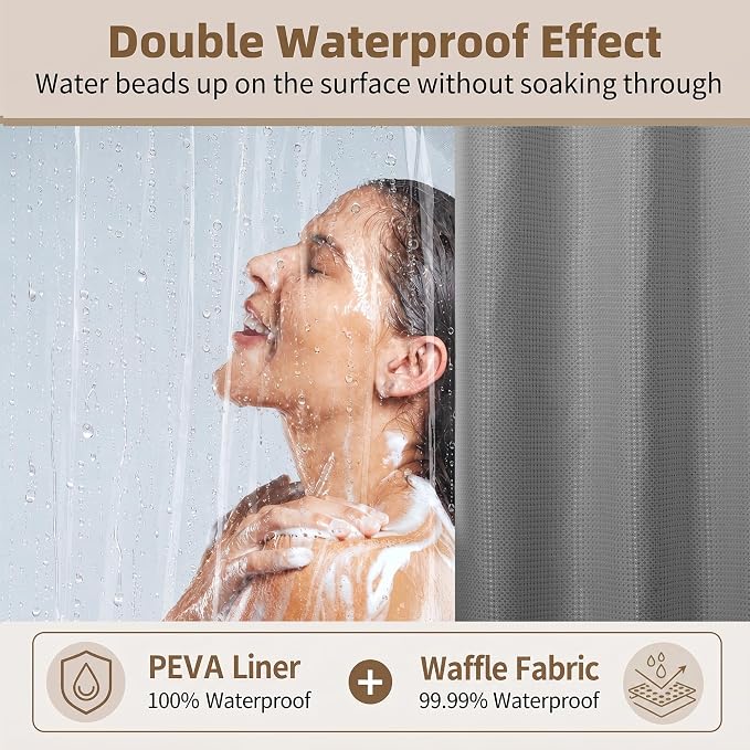 Siiluminisoy Shower Curtain and Liner Set, Waffle Shower Curtain Set with 12 Stainless Steel Hooks, Waterproof Luxury Fabric Shower Curtains for Bathroom and Hotel, Grey, 72" W x 72" H