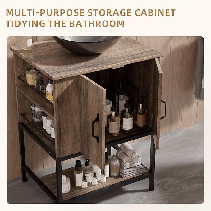VNN Small Bathroom Vanity with Sink - 24 Inch Vanity with Sink, Freestanding Cabinet with Open Shelf, Modern Iron Wood Bathroom Cabinet with Countertop Tempered Glass Vessel, Grey