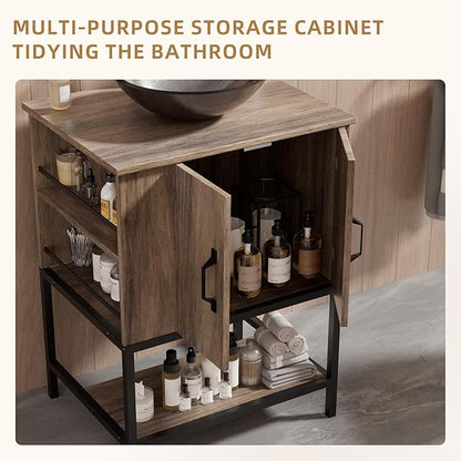 VNN Small Bathroom Vanity with Sink - 24 Inch Vanity with Sink, Freestanding Cabinet with Open Shelf, Modern Iron Wood Bathroom Cabinet with Countertop Tempered Glass Vessel, Grey