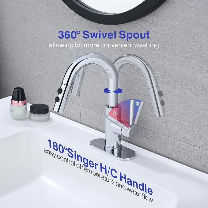 Bathroom Faucet with Sprayer, Chrome Single Hole with Pop-Up Drain | Kablle Single Handle Pull Out 1 or 3 Hole Laundry Bar Basin Faucet with Deck Plate, KBL-7002C-CL