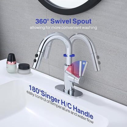Bathroom Faucet with Sprayer, Chrome Single Hole with Pop-Up Drain | Kablle Single Handle Pull Out 1 or 3 Hole Laundry Bar Basin Faucet with Deck Plate, KBL-7002C-CL