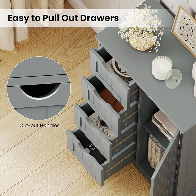 Giantex Bathroom Cabinet, Freestanding Storage Cabinet with 1 Door & 4 Drawers, 3-Level Adjustable Shelf, Anti-toppling System, Modern Storage Organizer for Bathroom, Living Room, Kitchen (Gray)