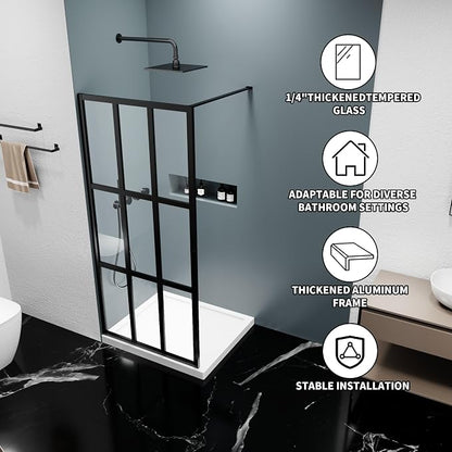 34x72 Matte Black Walk-In Shower Screen, 1/4" Tempered Glass with Frame | Metal Finish Grid Pattern, Aluminum Alloy Frame, Stainless Steel System, Reversible Installation, Easy to Assemble, No Base