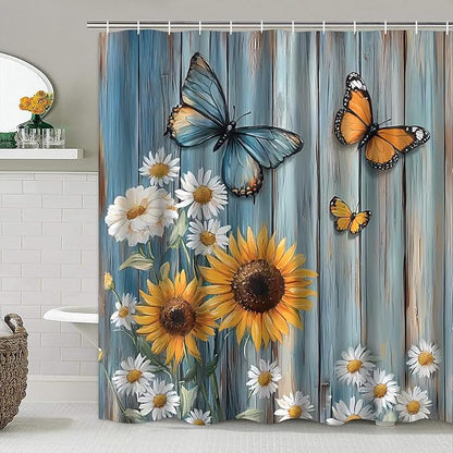 AZHM Rustic Flower Shower Curtain Set Sunflower and Daisy Floral Bathroom Set with Butterfly Accents with Shower Curtain and Bath Mat and 12 Hooks