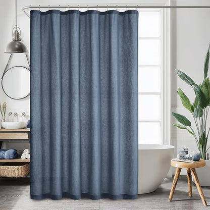 KGORGE Linen Fabric Shower Curtain for Bathroom-Button Hole Waterproof Lightweight Washable Privacy Shower Curtain Sets for Bathtub with 12 Metal Hooks, W72 x 72 inches Long, Navy Blue, 1 Panel
