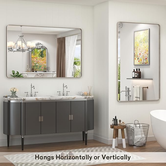 48x32 Inch Brushed Nickel Bathroom Mirror, Brushed Silver Metal Framed Wall Mirror, Rounded Corner Rectangle Modern Vanity Mirror, Tempered Glass, Anti-Rust, Shatterproof (Horizontal/Vertical)