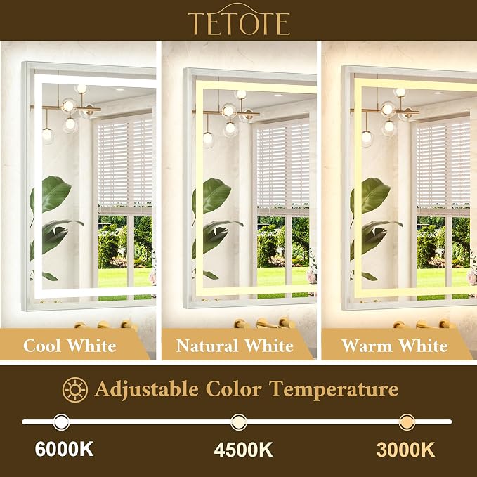 40 x 24 Led Mirror Brushed Nickel Metal Frame Frontlit & Backlit Vanity Mirror Anti-Fog Stepless Dimmable 3 Colors White/Warm/Natural Wall Mirror with Lights Wall-Mounted