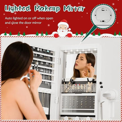 Mirror Jewelry Cabinet Standing, 360° Swivel Jewelry Armoire | with Drawer LED Lights, Lockable Jewelry Organizer with Storage Shelves