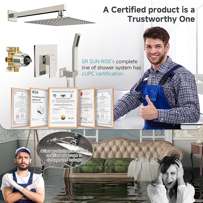 SR SUN RISE Shower Faucet Set & System - 10 Inch Rainfall Shower Head & Handle Set Wall Mounted Brushed Nickel Solid Brass Valve Trim Kit Included