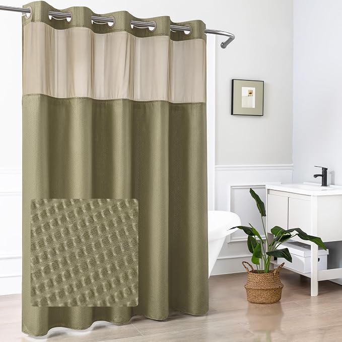 No Hook Shower Curtain with Snap-in Liner, Embossed Waffle Design Fabric Shower Curtain for Bathroom, Soft & Lightweight, 71x74, Taupe