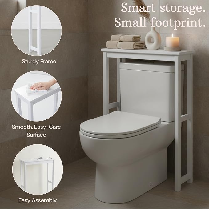 Dorset Over-the-Toilet Storage Shelf – 27" W x 37" H Space Saver Rack with Single Open Shelf for Towels & Toiletries – Minimalist Modern Design & Easy Assembly Bathroom Organizer by Alaterre Furniture | 27”W x 37”H White Space Saver Rack with Single Op...