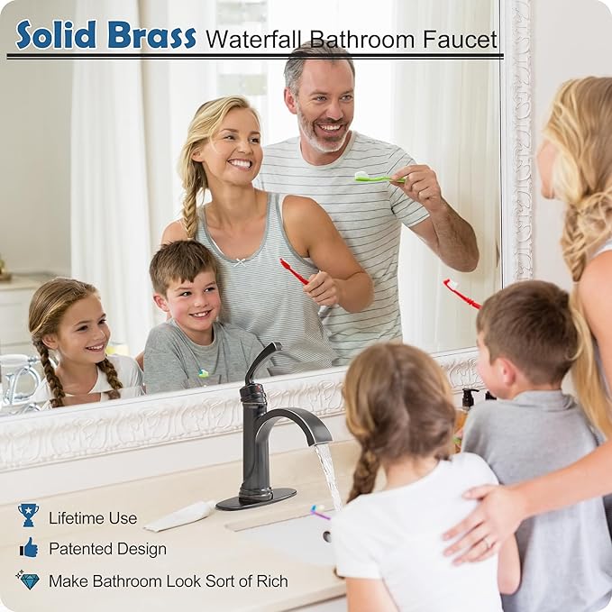 Brass Oil Rubbed Bronze Bathroom Faucet 1 Hole, Waterfall Bathroom Sink Faucet 4 Inch 3 Hole Single Handle with Pop-up Drain, Pre-Installed Water Hoses, Deck Plate for Farmhouse Vanity Sink