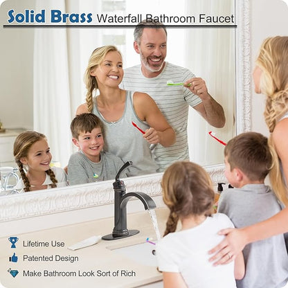 Brass Oil Rubbed Bronze Bathroom Faucet 1 Hole, Waterfall Bathroom Sink Faucet 4 Inch 3 Hole Single Handle with Pop-up Drain, Pre-Installed Water Hoses, Deck Plate for Farmhouse Vanity Sink