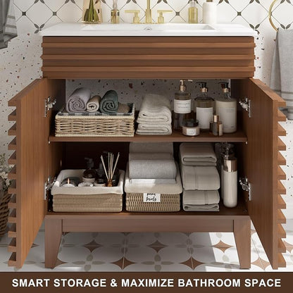 30 Inch Bathroom Vanity with Sink, Walnut Fluted Freestanding Bathroom Vanity Cabinet with Ceramic Sink Top, Solid Wood Legs, Soft Close Double Doors and Modern Storage Cabinet