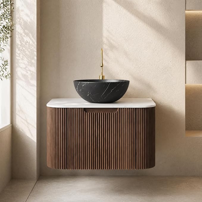 24 Inch Bathroom Vanity with Sink, Floating Wall Mounted Single Sink Vanity for Small Baths, Dark Walnut Curved Fluted Front, Stone Top, Black Marble Vessel Basin, Pre-Assembled