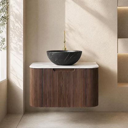 24 Inch Bathroom Vanity with Sink, Floating Wall Mounted Single Sink Vanity for Small Baths, Dark Walnut Curved Fluted Front, Stone Top, Black Marble Vessel Basin, Pre-Assembled
