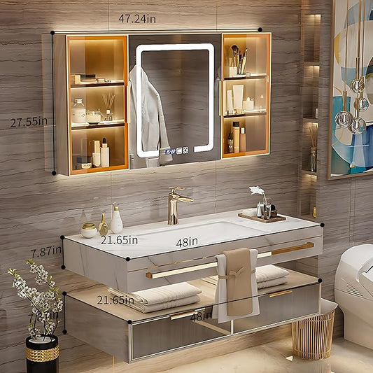 Bathroom Vanity with Sink - Single/Double Sink Bathroom Vanity & LED Fog Removal Mirror Cabinet, Modern Design, Wall-Mounted Floating Vanity (Single Sink, 48")