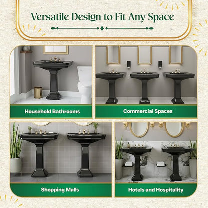 Renovators Supply Manufacturing Victorian 32" W x 34.5" H x 22" Proj. Large Bathroom Black Pedestal Sink, Vitreous China, with Overflow, Compatible with 8 in. Widespread Faucets