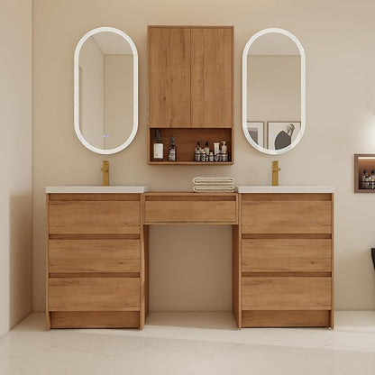 72" Bathroom Vanity Set, 72 Inch Modern Freestanding Vanity with 7 Drawers and Storage Cabinets, Double Resin Sink Floor Stand Cabinet Set Imitative Oak