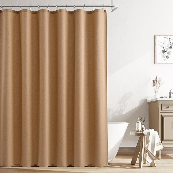 Camel Linen Shower Curtain, Country Boho Farmhouse Bath Decor Shower Curtains Neutral Cloth Weighted Textured Fabric Bath Curtain Liner with Hooks, 72x84
