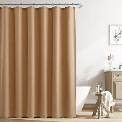 Camel Linen Shower Curtain, Country Boho Farmhouse Bath Decor Shower Curtains Neutral Cloth Weighted Textured Fabric Bath Curtain Liner with Hooks, 72x84