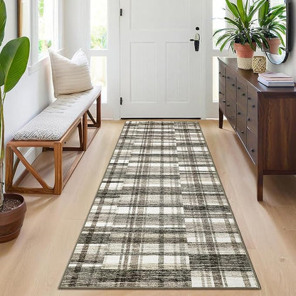 Runner Rugs for Hallway 2x6 Bathroom Rug Washable Area Rug Modern Plaid Low Pile Entryway Rug Small Non Slip Kitchen Rugs Stain Resistant Carpet for Laundry Bedroom Entrance, Beige 2'x6'