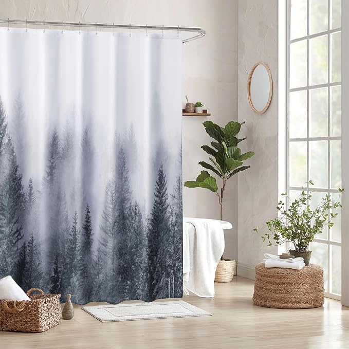 ORTIGIA Grey Shower Curtain for Bathroom, Misty Forest Shower Curtain Set with Rustproof Hooks, Decorative Pine Tree Fog Magic Bath Curtain for Home, Waterproof Fabric, Weighted, 72x72