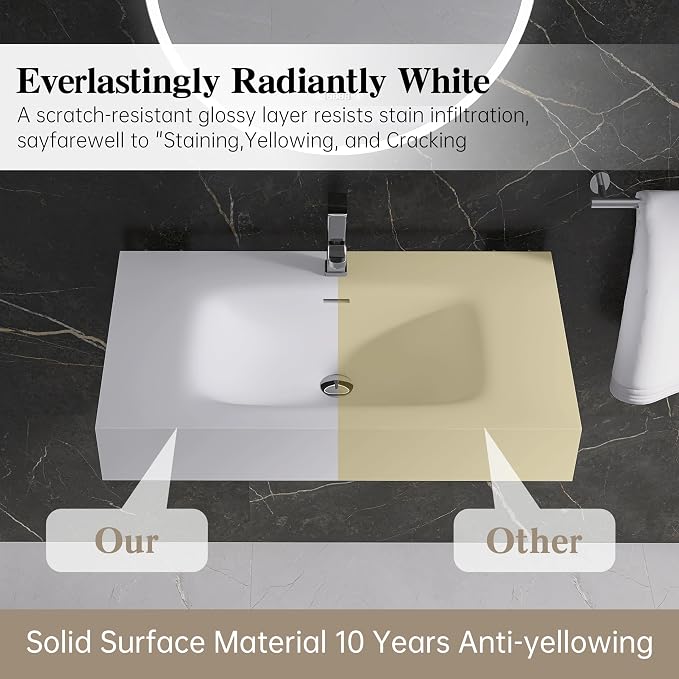 Wall Mount Bathroom Sink 31.9"L x 18"W x 5"H, Resin Stone Floating Sink with Single Facuet Hole, Rectangle Countertop Freestanding Vessel Sinks