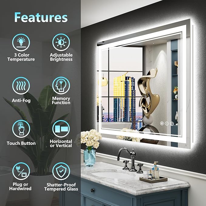 40x24 LED Bathroom Mirror with Lights, Backlit and Front Lit Anti-Fog Lighted Vanity Mirrors for Bathroom Wall, Dimmable, 3-Color Light, Memory, Shatter-Proof, HD Tempered Glass, CRI＞90