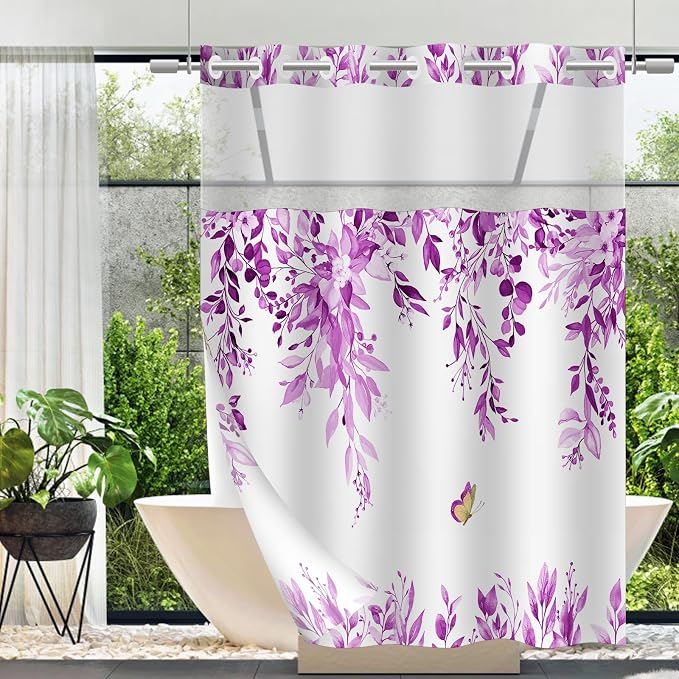 No Hook Shower Curtain and Liner Set, Purple Eucalyptus 71x84 | Floral Design, with Snap in Liner, See-Through Top Window, Waterproof, Machine Washable, Quick-Drying, for Hotel Bathroom