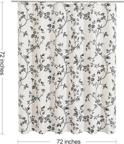 MitoVilla Black Cotton Floral Shower Curtain for Bathroom, 72 x 72 | Black BoHo Cottagecore Spring Shower Curtains, Modern Farmhouse Country Plant Leaves Bathroom Décor, 72 x 72