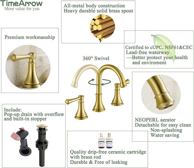 Brushed Gold 8 inch Widespread Bathroom Sink Faucet 3 Holes with Pop-Up Drain, 2 Handle Modern Bathroom/Vanity/Lavatory Faucet with Brass 360° Swivel Spout, TAF830Y-PB