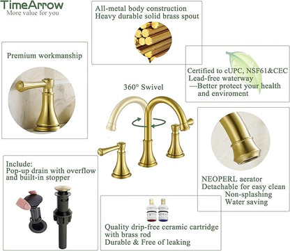 Brushed Gold 8 inch Widespread Bathroom Sink Faucet 3 Holes with Pop-Up Drain, 2 Handle Modern Bathroom/Vanity/Lavatory Faucet with Brass 360° Swivel Spout, TAF830Y-PB