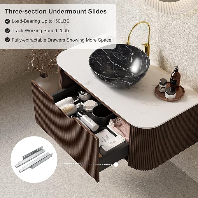 36" Floating Bathroom Vanity with Sink, Wall Mounted Modern Bathroom Cabinet with Ultra-Thin Ceramic Black Basin and Marble Top, Large Storage Drawer, Soft-Close Design, Dark Walnut